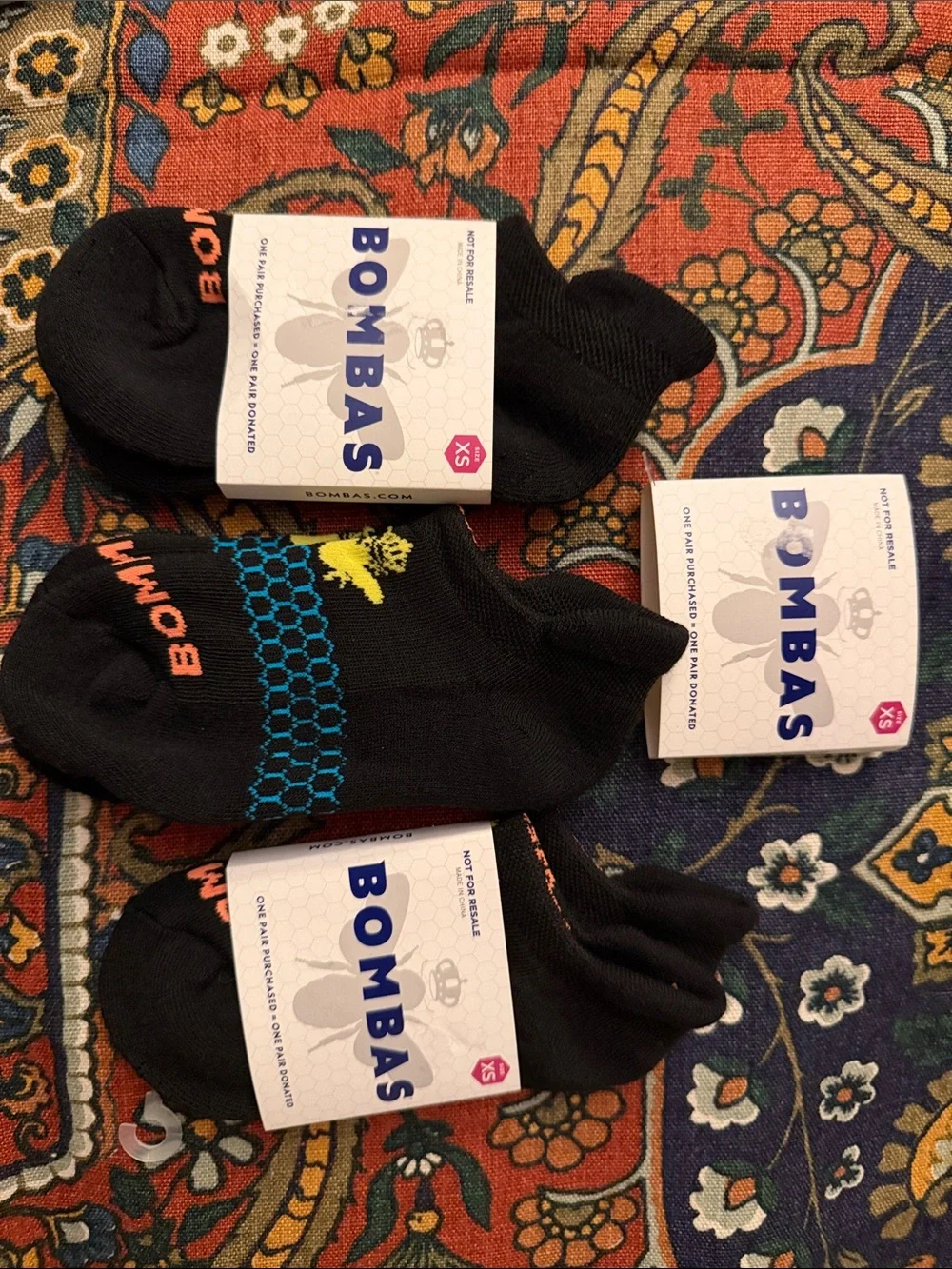 3-pairs Bombas Black Low-Cut Athletic Socks w/ Orange, Blue, and Yellow Accents